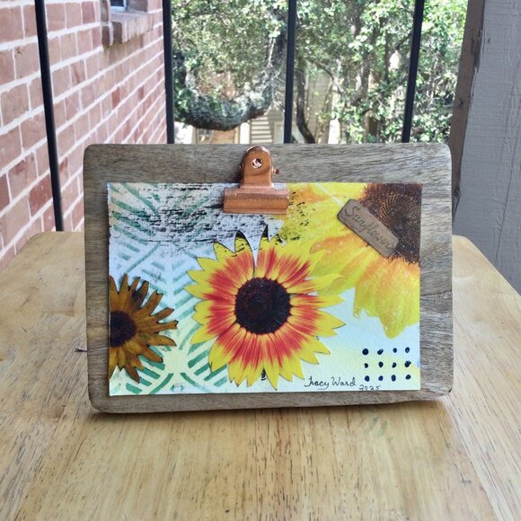 Handmade Sunflower Mixed Media Art & Wood Frame | Original 4x6 Artwork Signed - Picture 1 of 5